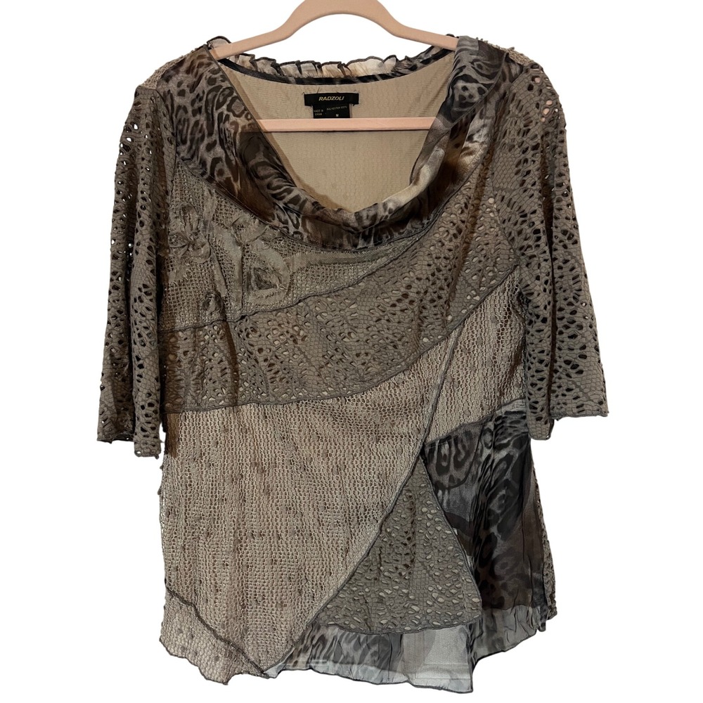 Radzoli Top Size M Y2K Whimsigoth Distressed Lace Animal Print Mesh Cowl Neck